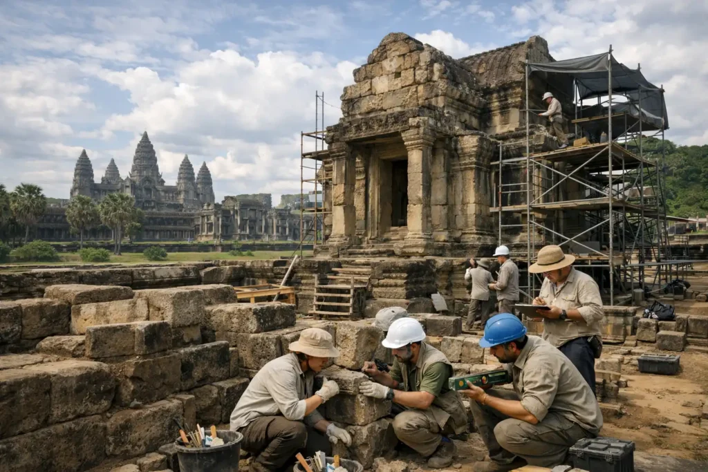 Arkeolog Lakukan Restorasi Perpustakaan di Kawasan Wisata Angkor Wat